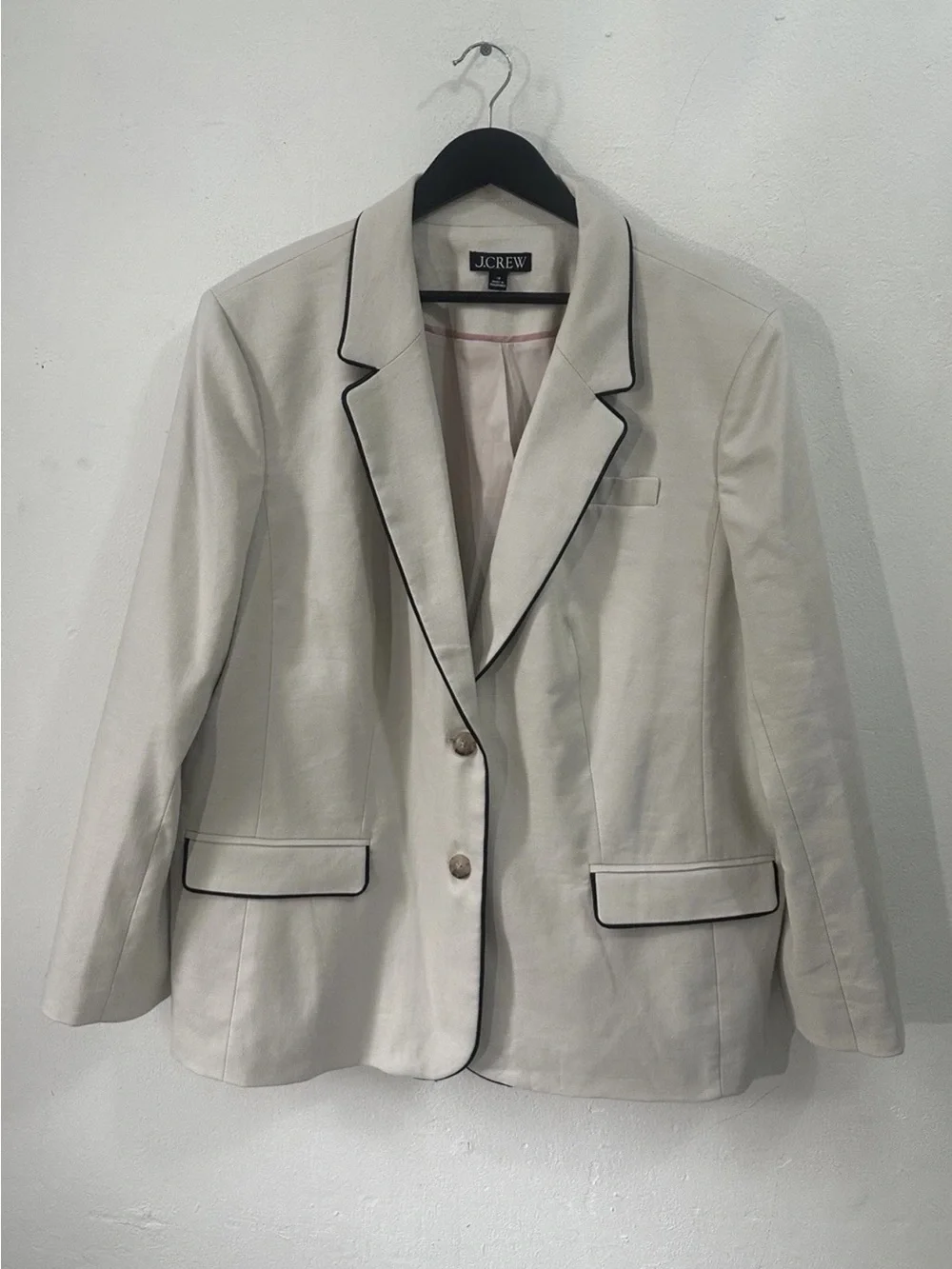 J.Crew Linen Blend Blazer Women’s Size 18 Ivory Black Trim Two Button Jacket